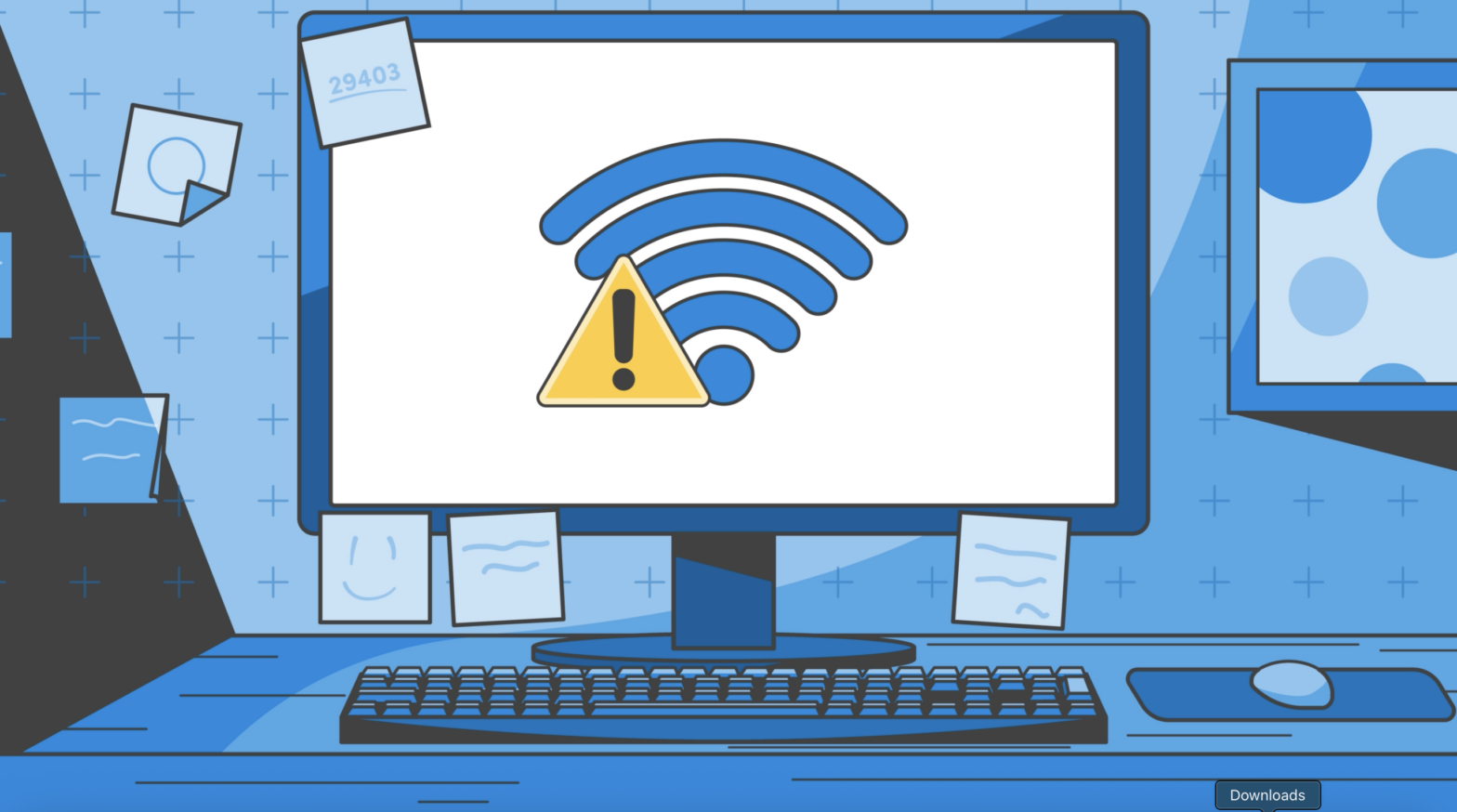 Illustration of Wi-Fi warning on computer screen representing network risks in coworking spaces